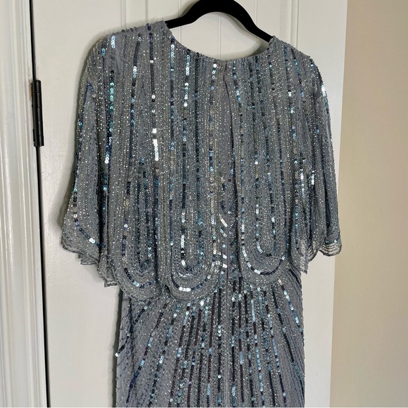 NWT Mac Duggal 93583 Beaded Cape Sleeve Column Gown Slate Blue Sz 8 $698 - Picture 9 of 16